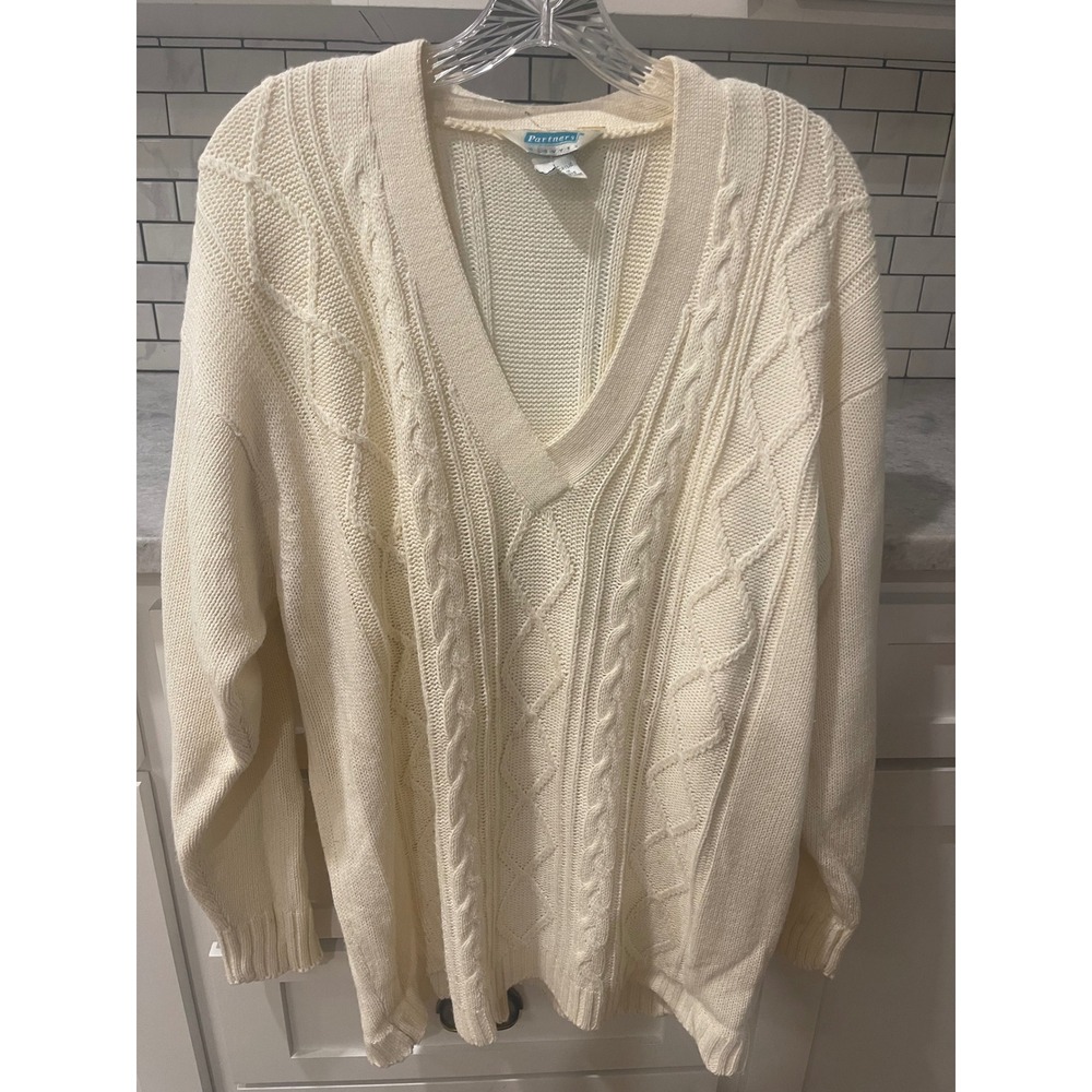 Partners Sweater Women L Cream Vintage Cable Knit V-Neck Acrylic Pullover